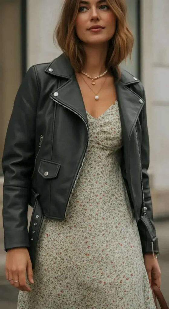 Leather Jacket with Floral Dress