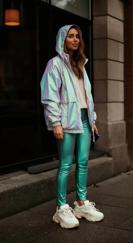 Iridescent Windbreaker with Metallic Leggings