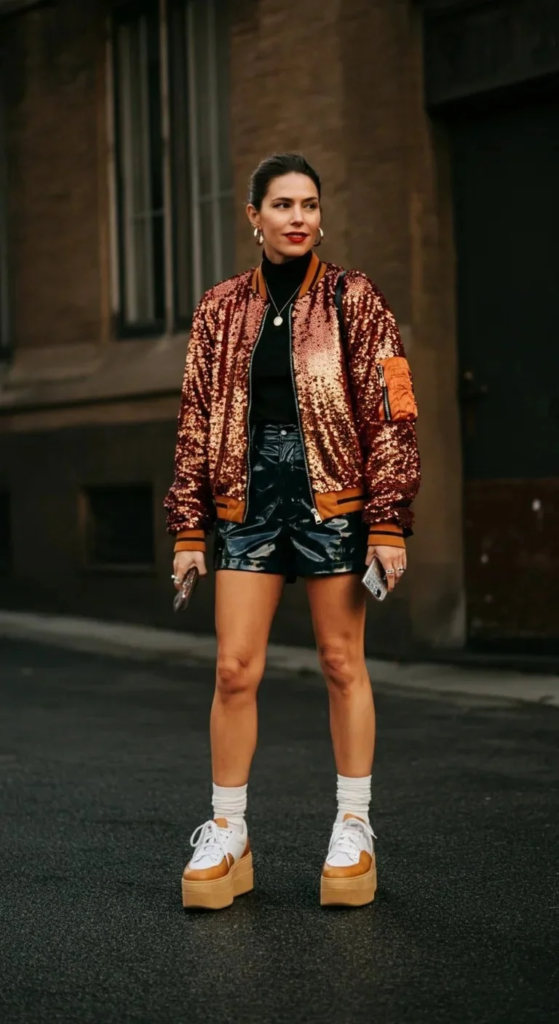 Sequined Bomber Jacket with Vinyl Shorts