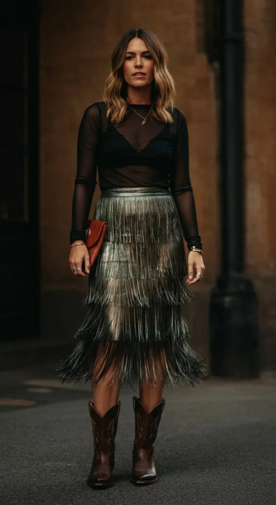Metallic Fringe Skirt with Mesh Top