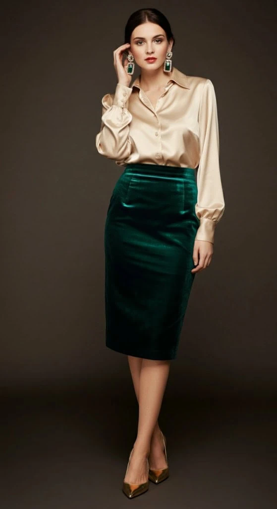 Velvet Pencil Skirt with Satin Blouse
