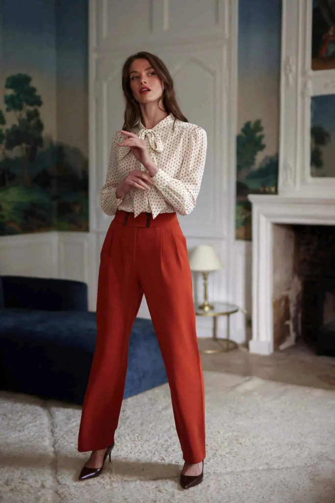 Polka Dot Blouse and Rust Trousers