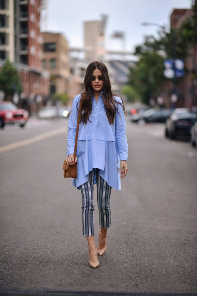 Layered Blue Blouse with Striped Pants