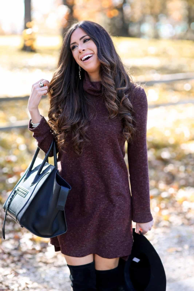 Burgundy Sweater Dress with Accessories
