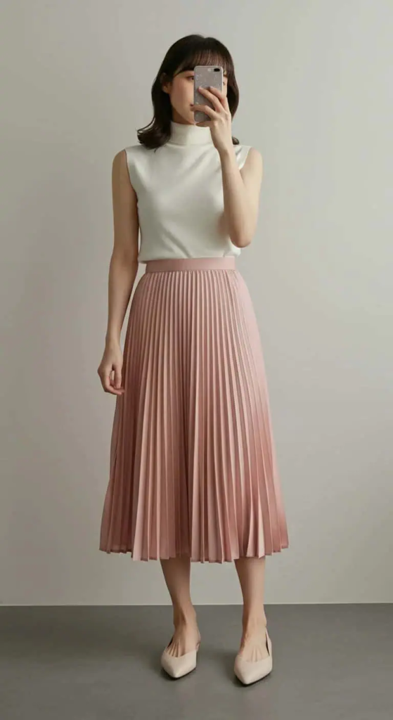 Pleated Midi Skirt and Sleeveless Turtleneck