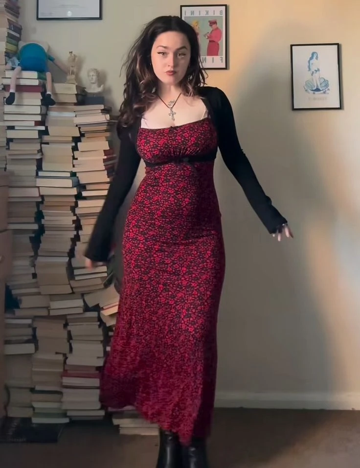 Crimson Floral Maxi With Cardigan