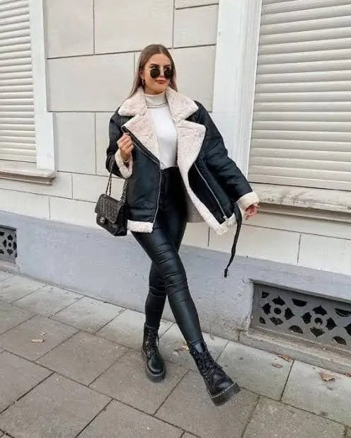 Oversized Sherpa Jacket With Leather Leggings