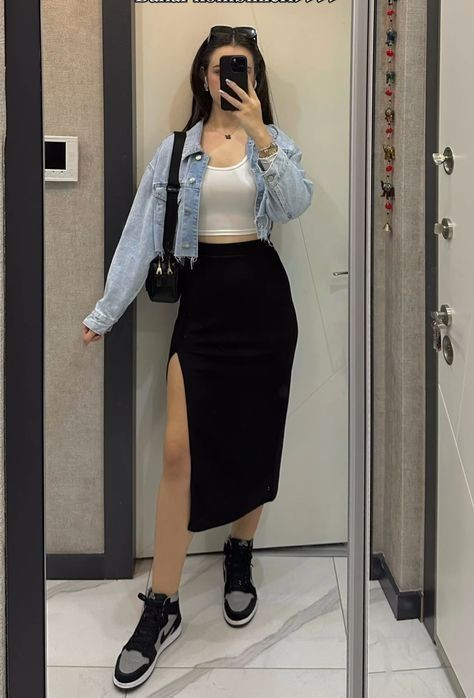 Denim Jacket With Black Slit Skirt