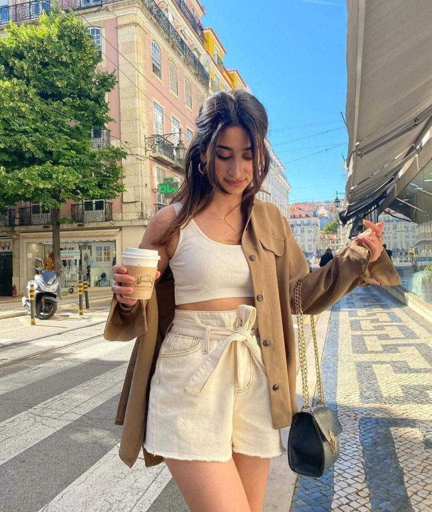 Cream Crop Top With Camel Blazer