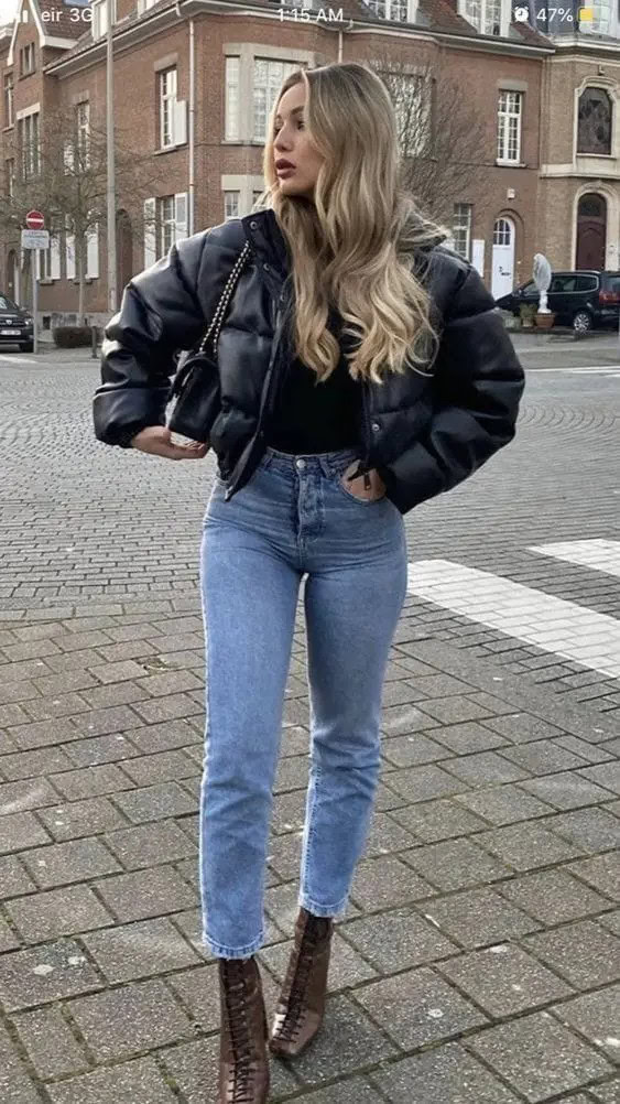 Black Puffer Jacket With Classic Blue Denim