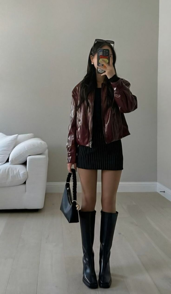 Burgundy Leather Jacket With Pinstripe Skirt