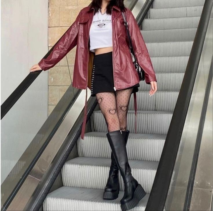 Burgundy Leather Jacket Edgy Crop Combo