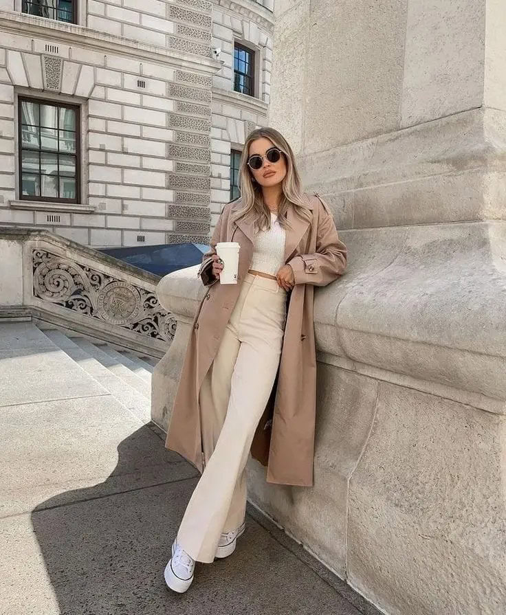 Neutral Trench Coat Over Cream Separates