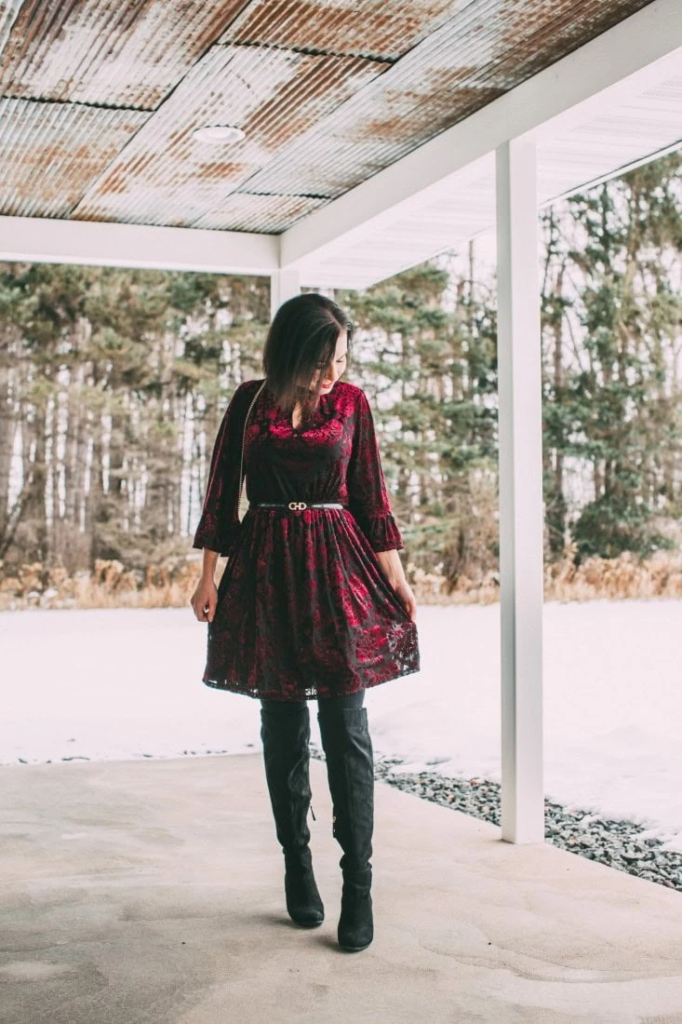 Burgundy Lace Dress With Boots