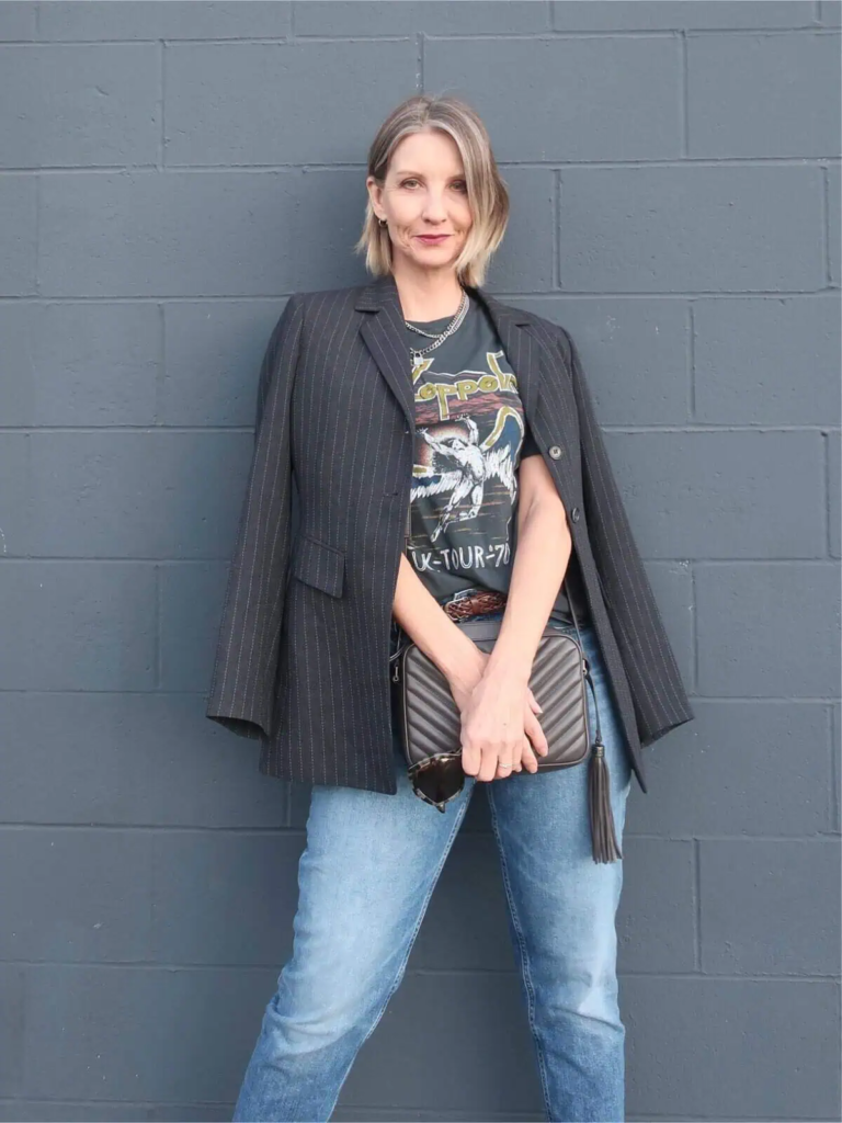 Pinstripe Blazer Meets Vintage Band Tee