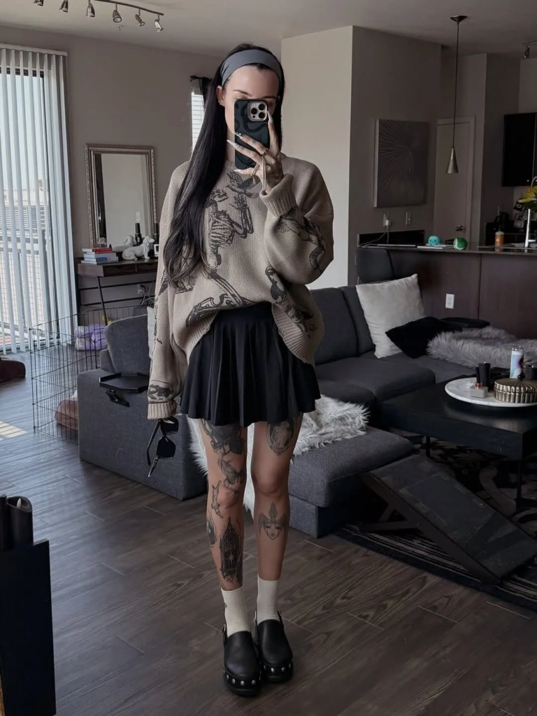 Skeleton Sweater And Pleated Skirt Combo