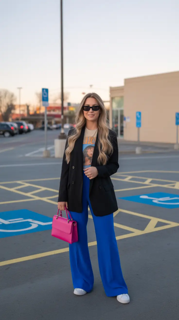 16. Relaxed Black Blazer With Electric Blue Trousers