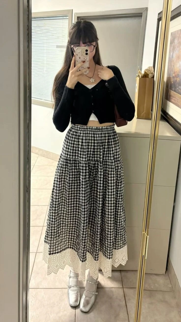 Black Crop Top With Gingham Skirt