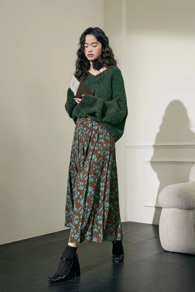 Oversized Sweater With Floral Midi Skirt