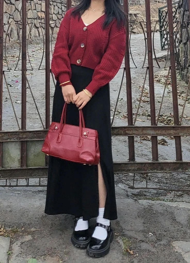 Burgundy Cardigan With Black Maxi Skirt