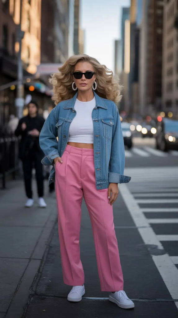 19. Denim Layers With Soft Pink Tailoring