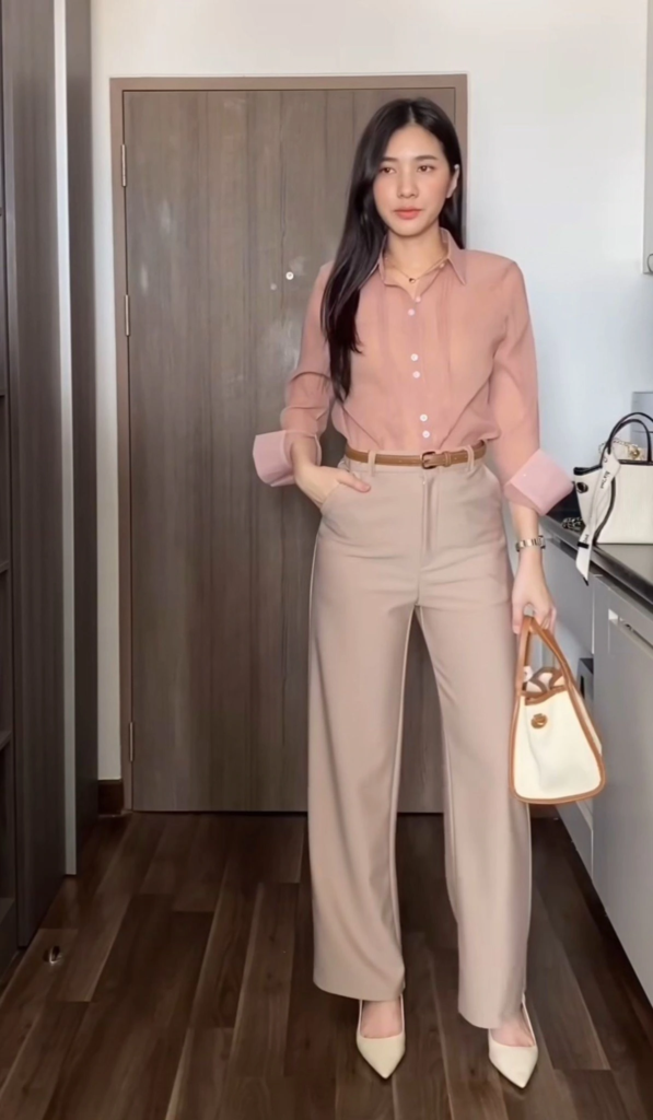 Soft Pink Blouse With Tailored Trousers