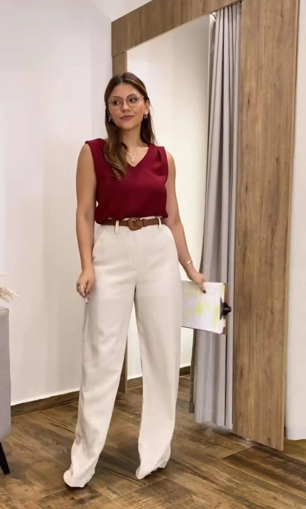 Burgundy Tank With Cream Wide-Leg Trousers