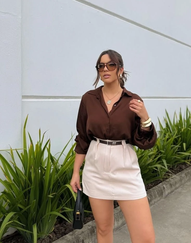 Chocolate Silk Blouse With Belted Skirt