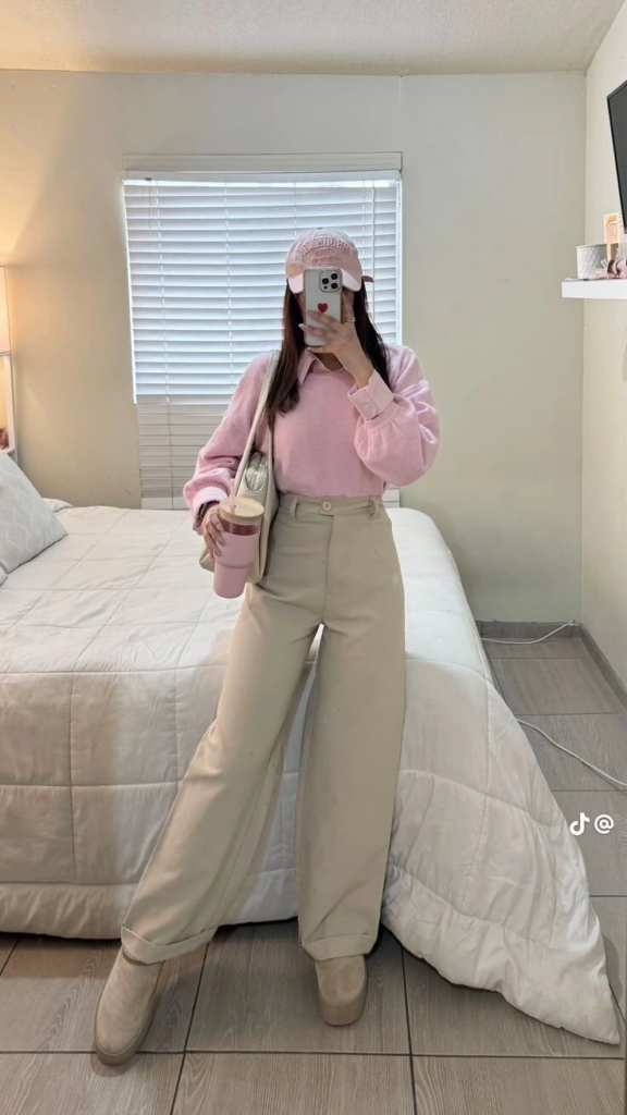 Soft Pink Sweatshirt & Neutral Trousers