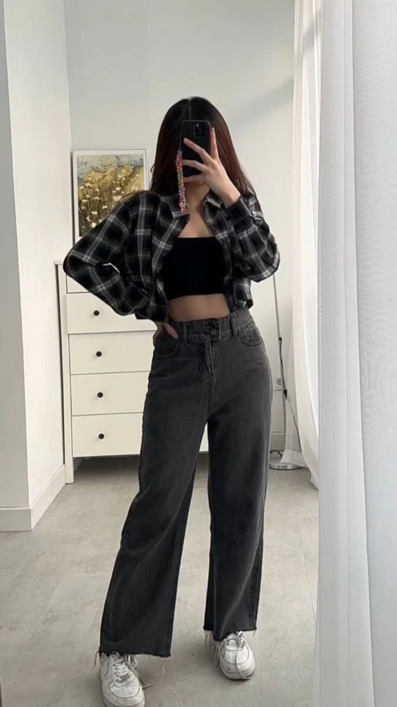 Plaid Shirt With Cropped Black Top