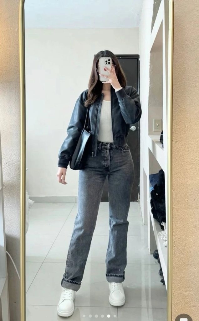 Classic Leather Jacket With Denim