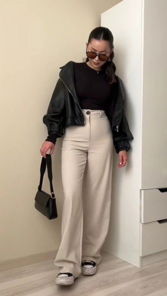 Black Leather Jacket With Cream Pants