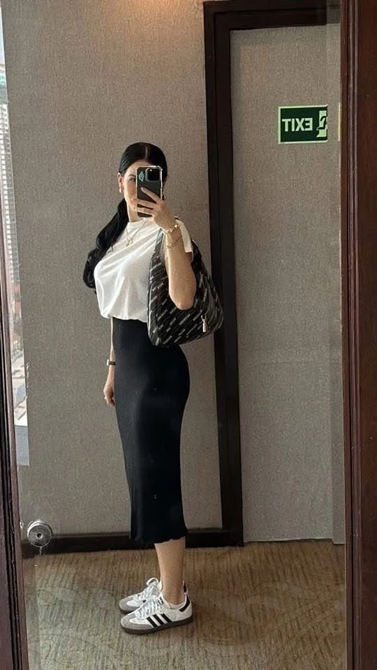 Classic White Tee With Black Midi Skirt