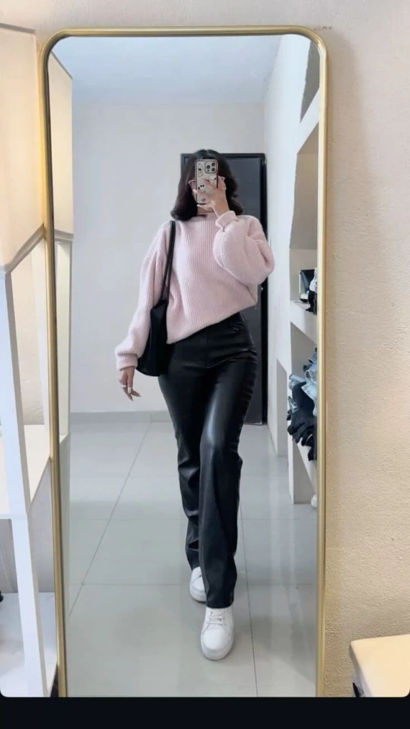 Soft Pink Sweater With Leather Pants