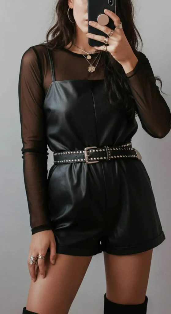 Leather Romper with Mesh Sleeves