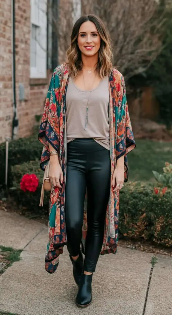 Printed Kimono with Leather Leggings
