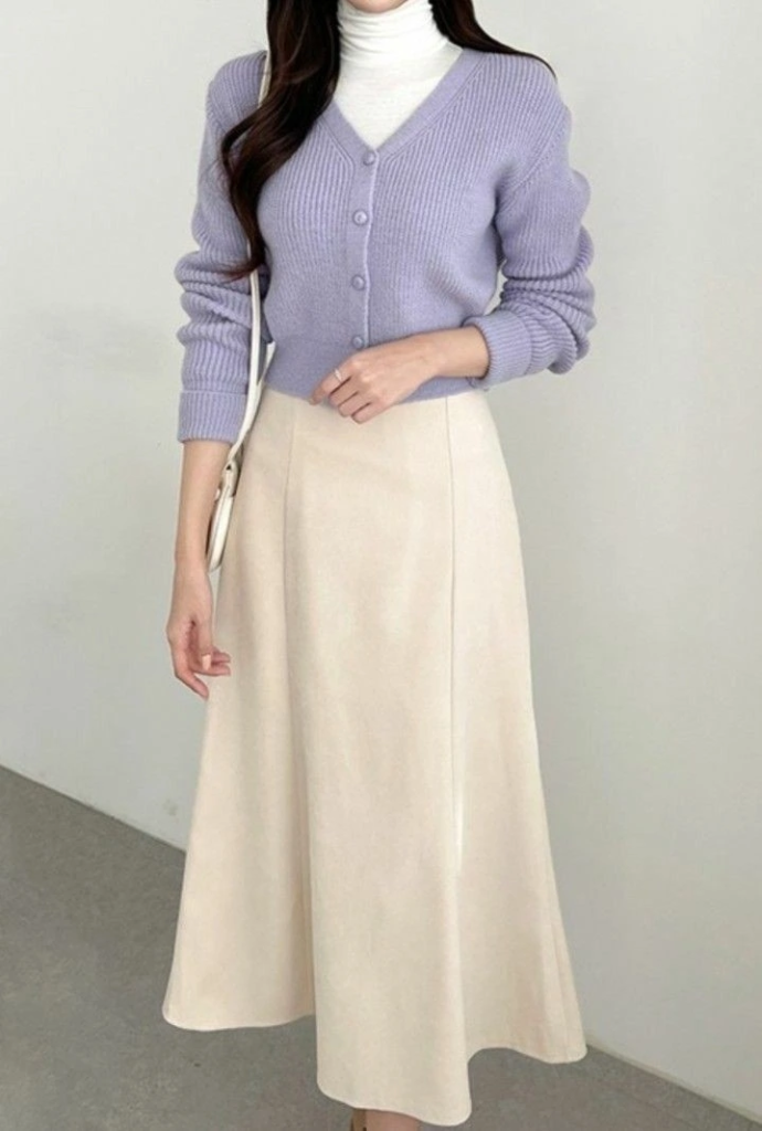 Lavender Cardigan With Cream Midi Skirt