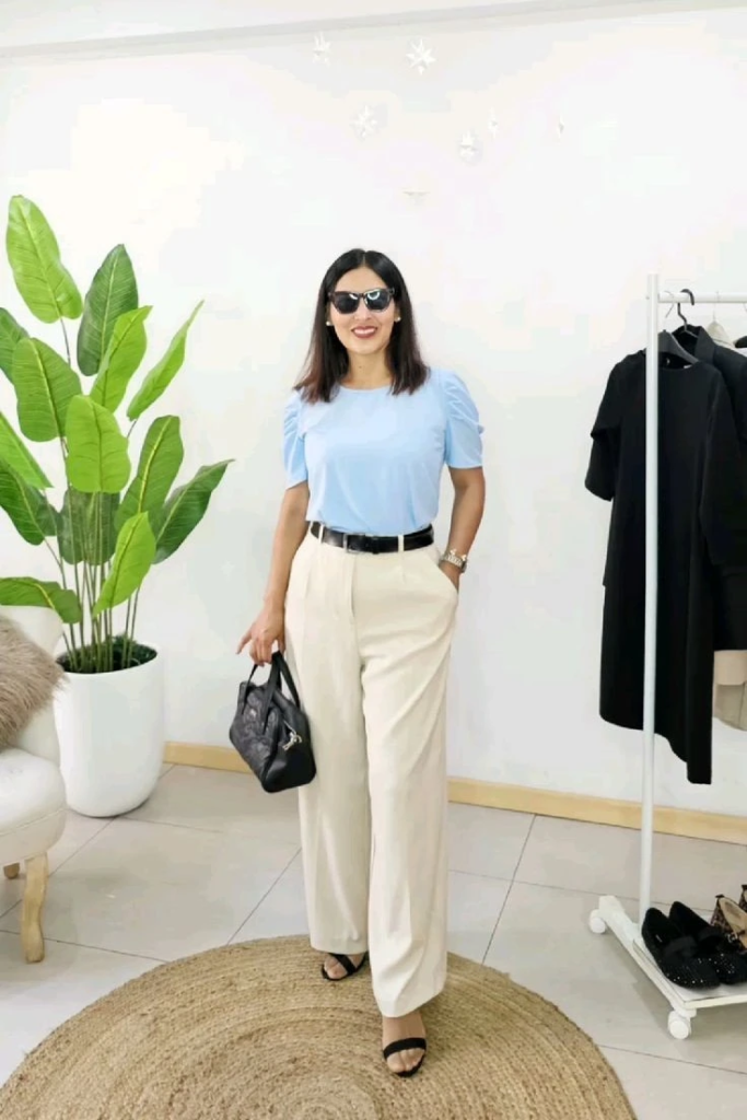 Soft Blue Tee With Cream Tailored Trousers