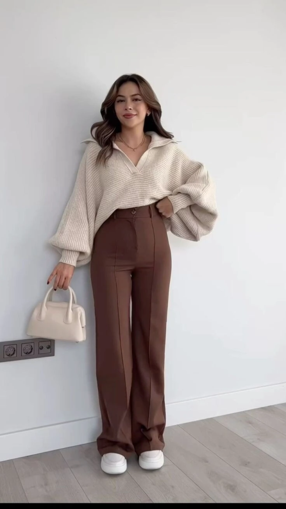 Cream Sweater With Chocolate Trousers