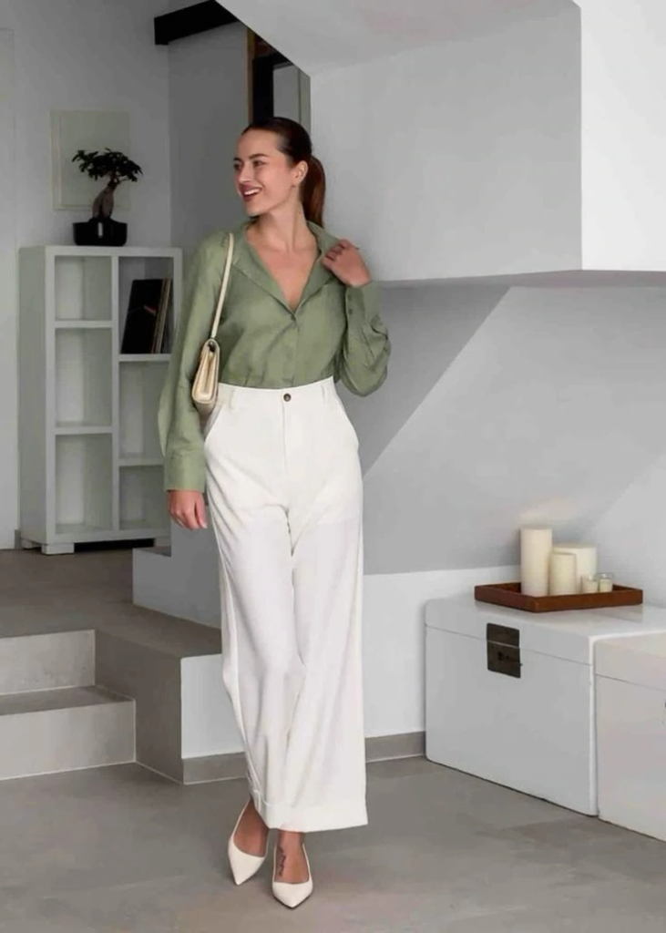 Sage Shirt & Cream Wide-Leg Trousers