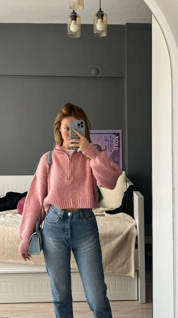 Pink Sweater And Classic Denim Combo