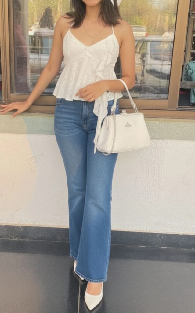 White Cami Top With Classic Blue Jeans