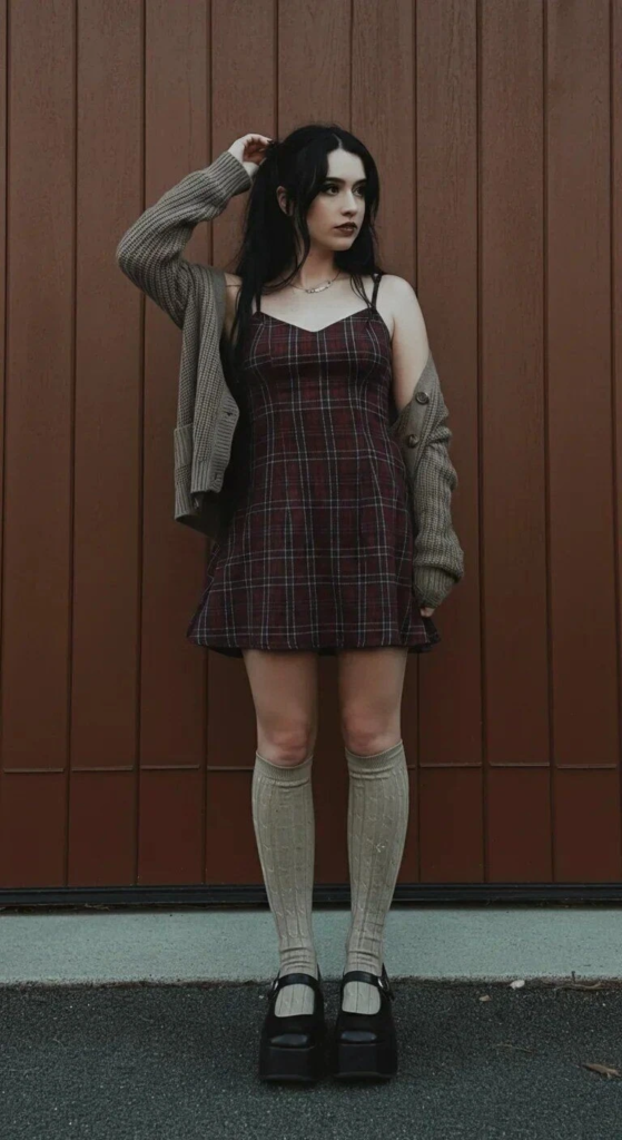 Plaid Slip Dress With Cardigan Layers