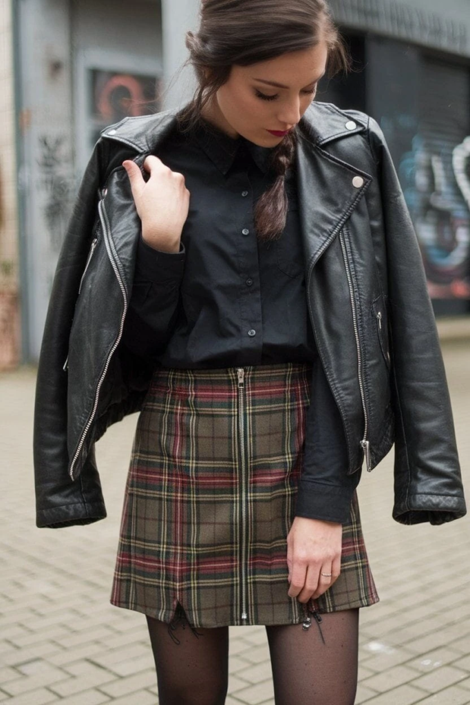Leather Jacket And Plaid Skirt Perfection