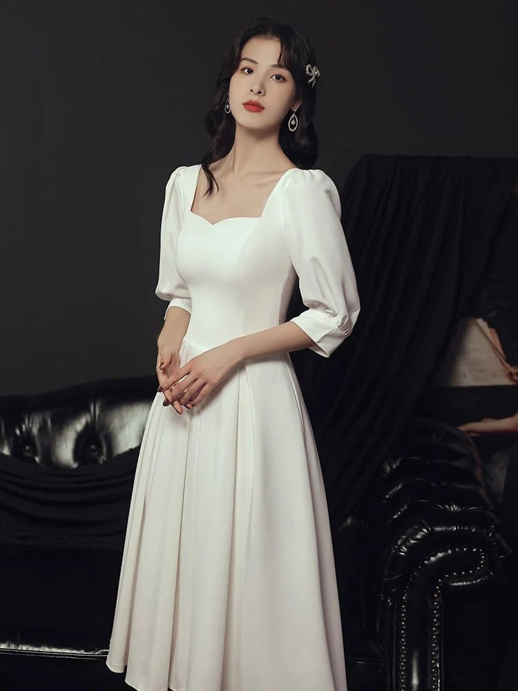 Elegant White Puff-Sleeve Midi Dress