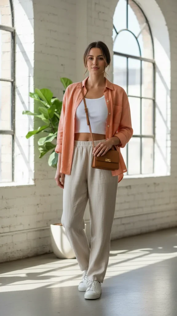 8. Peachy Linen Shirt and White Crop Top