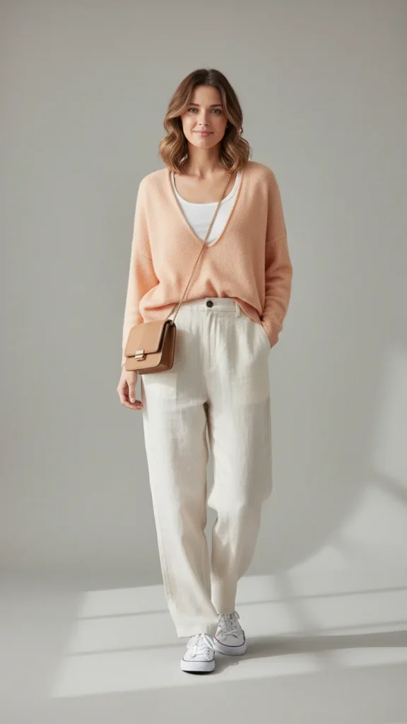 9. Cozy Peach Sweater and Neutral Linen