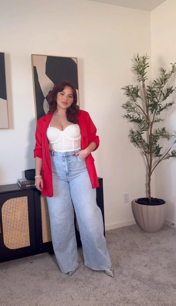Bold Red Blazer With Wide-Leg Jeans