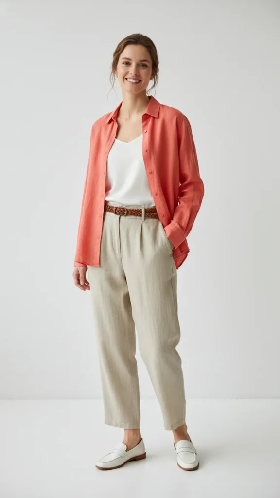 10. Coral Linen Shirt and Neutral Basics