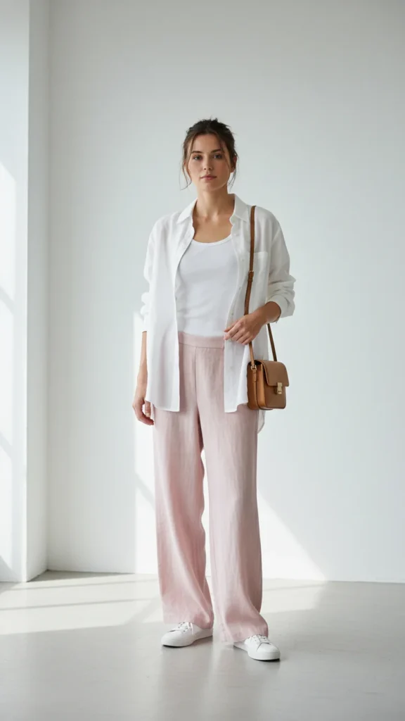 12. White Linen Shirt and Blush Pink Pants